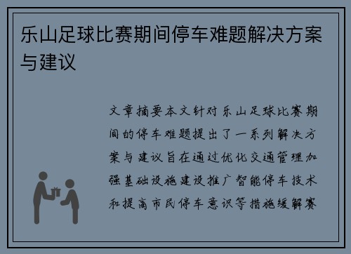 乐山足球比赛期间停车难题解决方案与建议