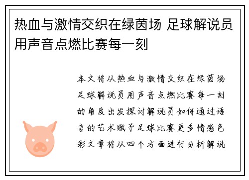 热血与激情交织在绿茵场 足球解说员用声音点燃比赛每一刻