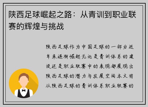 陕西足球崛起之路：从青训到职业联赛的辉煌与挑战