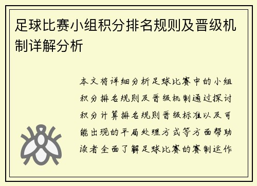 足球比赛小组积分排名规则及晋级机制详解分析