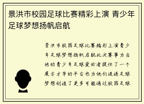 景洪市校园足球比赛精彩上演 青少年足球梦想扬帆启航