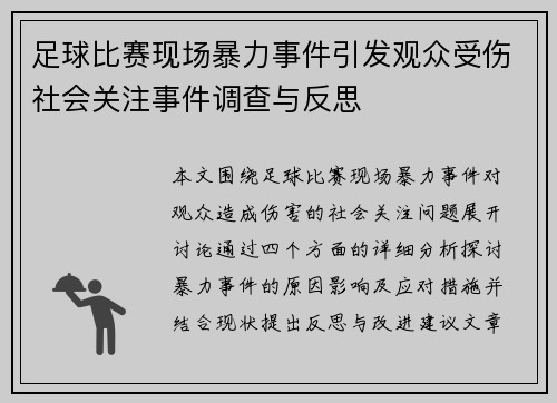 足球比赛现场暴力事件引发观众受伤社会关注事件调查与反思