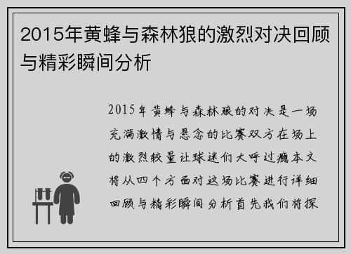 2015年黄蜂与森林狼的激烈对决回顾与精彩瞬间分析