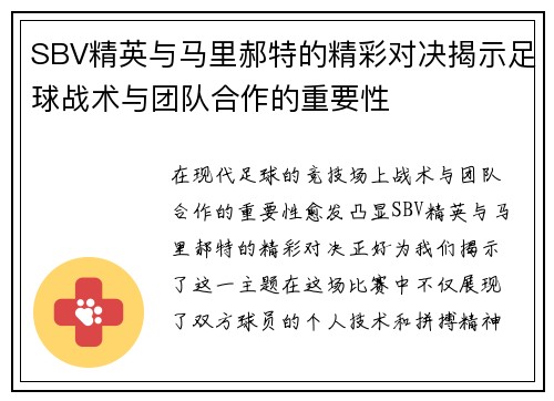 SBV精英与马里郝特的精彩对决揭示足球战术与团队合作的重要性