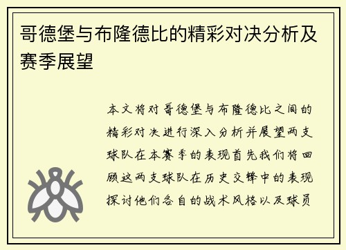 哥德堡与布隆德比的精彩对决分析及赛季展望