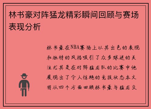 林书豪对阵猛龙精彩瞬间回顾与赛场表现分析