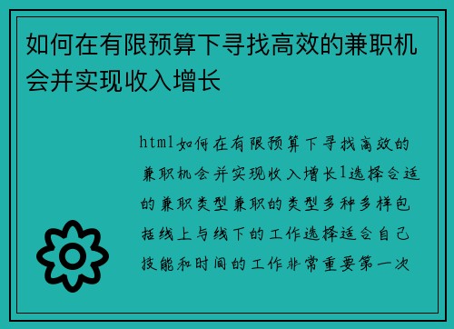 如何在有限预算下寻找高效的兼职机会并实现收入增长