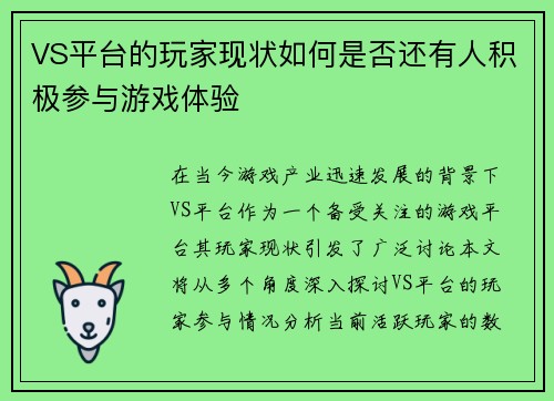 VS平台的玩家现状如何是否还有人积极参与游戏体验