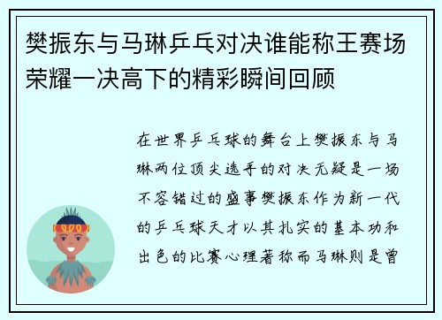 樊振东与马琳乒乓对决谁能称王赛场荣耀一决高下的精彩瞬间回顾