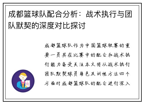 成都篮球队配合分析：战术执行与团队默契的深度对比探讨