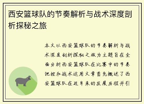 西安篮球队的节奏解析与战术深度剖析探秘之旅