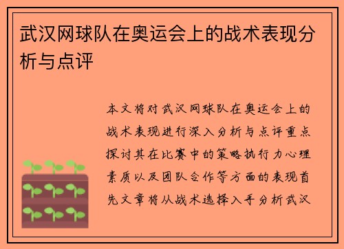 武汉网球队在奥运会上的战术表现分析与点评
