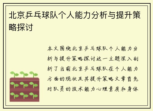 北京乒乓球队个人能力分析与提升策略探讨